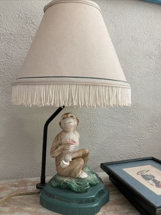 Frederick Cooper Vintage Monkey Table Lamp With Linen,  Fringe Shade Flaw