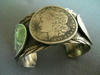 Southwestern Navajo Morgan Silver Dollar,  4 Coins Sterling Silver Cuff Bracelet