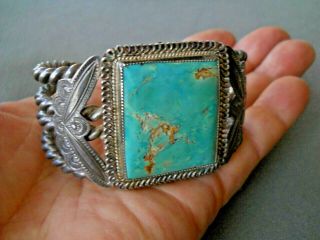 Old Southwestern Native American Square Turquoise Sterling Silver Cuff Bracelet