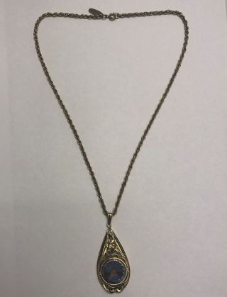 Vintage Whiting and Davis Necklace Saphiret Glimmering Stone Pendant Gold Tone 3