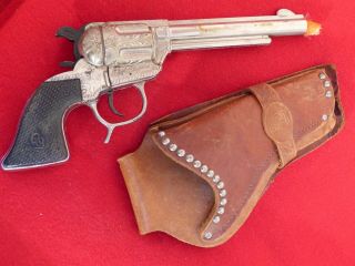 Roy Rogers Cap Gun Pistol & Rr Leather Holster Set