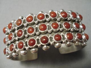 Heavy Vintage Navajo Domed Coral Sterling Silver Native American Bracelet