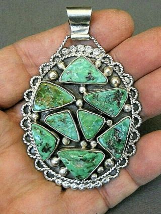 Native American Triangular Green Turquoise Cluster Sterling Silver Pendant Jj