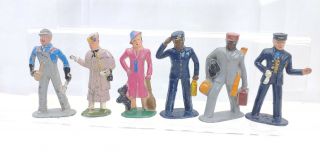 6 Vintage Barclay Lead Toy Figures 2 Black People Train Porter & Conductor