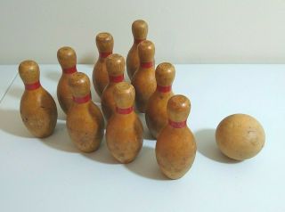 Vintage Miniature Bowling 10 - Pin Set W/ Ball Antique Wooden Table Top Bar Game