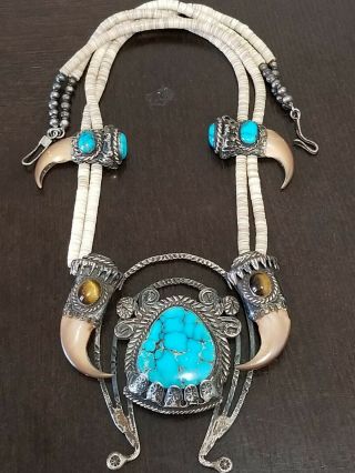 Navajo Native American Sterling Silver Blossom Turquoise Necklace 163.  3 Grams