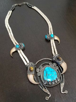 NAVAJO NATIVE AMERICAN STERLING SILVER BLOSSOM TURQUOISE NECKLACE 163.  3 GRAMS 4