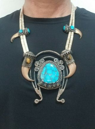 NAVAJO NATIVE AMERICAN STERLING SILVER BLOSSOM TURQUOISE NECKLACE 163.  3 GRAMS 6