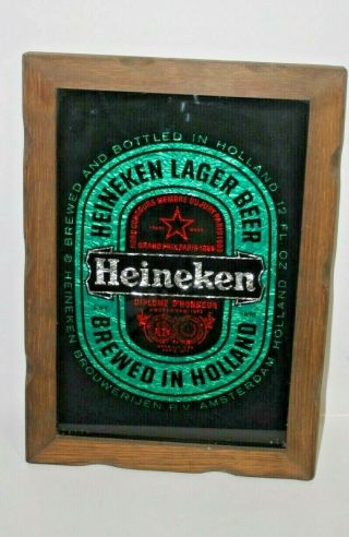 Heineken Beer Sign Mirror - Silver,  Red And Green Reflective,  Wood Framed 14x21 "