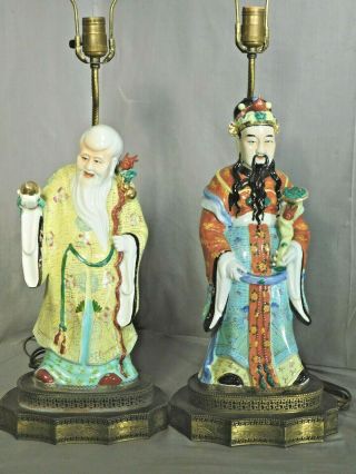 Pair Vintage Antique Chinese Porcelain Statues Lamps 36 " Tall Hand Painted 1900s