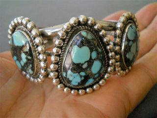 Native American 3 - Stone Spiderweb Turquoise Sterling Silver Heavy - Gauge Bracelet