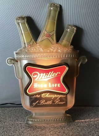 Vintage Miller High Life Lighted Bar Sign 3 Bottles In Ice Bucket