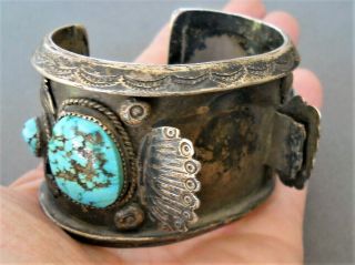 Old Native American Turquoise Sterling Silver Cuff Style Watch Bracelet 185 Gr.