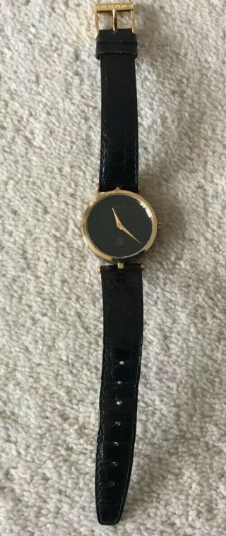 Vintage Gucci Ladies Gold Plated,  Quartz Swiss Made Watch,  Black Leather Strap