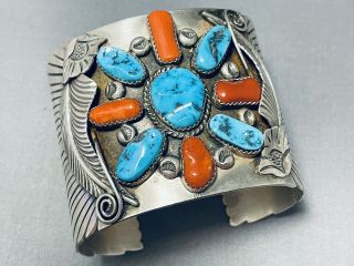 One Of The Best Vintage Navajo Turquoise Coral Sterling Silver Bracelet