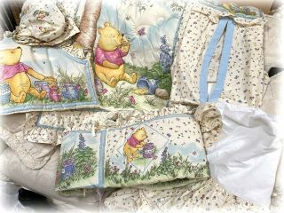 Vtg Classic Pooh 6 Piece Crib Bedding Set,  Sheet Comforter Bumpers Stacker Skirt
