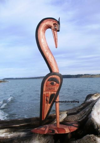 Northwest First Nation Native Art Hand Carved Heron On Salmon Base,  Signed