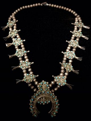 Old Zuni Native American Silver & Needlepoint Turquoise Squash Blossom Necklace
