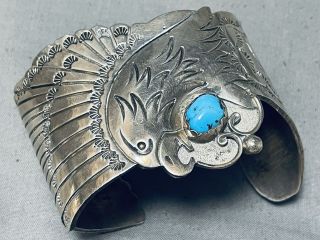 Extreme Detail Huge Vintage Navajo Eagle Turquoise Sterling Silver Bracelet