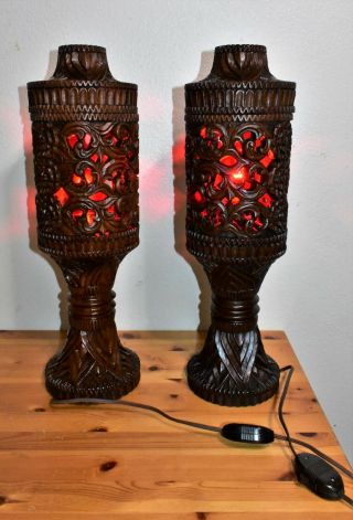 2 Thai Hand Carved Solid Teak Tiki Mcm Lamps Red Bulbs Early 1960 