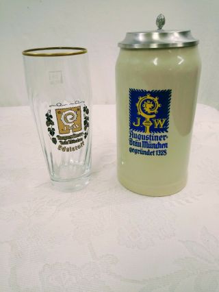 J.  W.  Augustiner Brau Munchen 0.  5l Beer Glass 1l Beer Stein