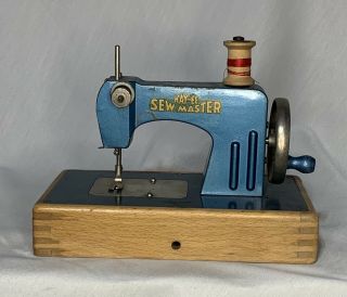 Blue Kayanee Sew Master Wood Base Vintage German Metal Child Toy Sewing Machine