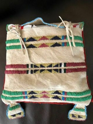 Ca.  1910 Native American Crow Beaded Possible/tent Bag With Red Trade Cloth Xlt