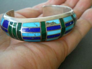 Native American Turquoise Malachite Lapis Inlay Sterling Silver Cuff Bracelet