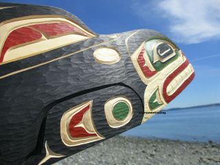 Northwest Coast First Nations Native Art Carved Cedar Killer Whale,  Signed