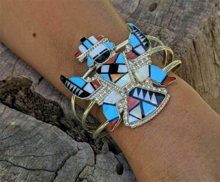 Vintage Zuni Cuff Bracelet Inlay Old Pawn Turquoise Silver Rare Knife Dancer