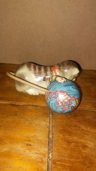 Antique Us Zone German Wind Up Toy Metal Cat With Ball Of The World