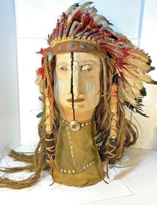 Old Native American Wood & Clay Sculpture Bust W Authentic Feather Headdress