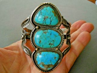 Native American Indian Navajo Turquoise 3 - Stone Tandem Sterling Silver Bracelet