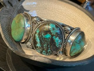 Native American Sterling Silver & Turquoise Traditional Vintage 3 Stone Bracelet