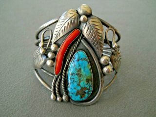 Native American Navajo Morenci Turquoise Branch Coral Sterling Silver Bracelet