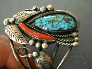 Native American Navajo Morenci Turquoise Branch Coral Sterling Silver Bracelet 2