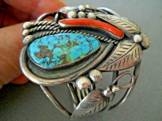 Native American Navajo Morenci Turquoise Branch Coral Sterling Silver Bracelet 3