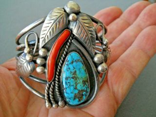 Native American Navajo Morenci Turquoise Branch Coral Sterling Silver Bracelet 6