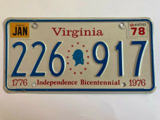 1978 Virginia License Plate Bicentennial All