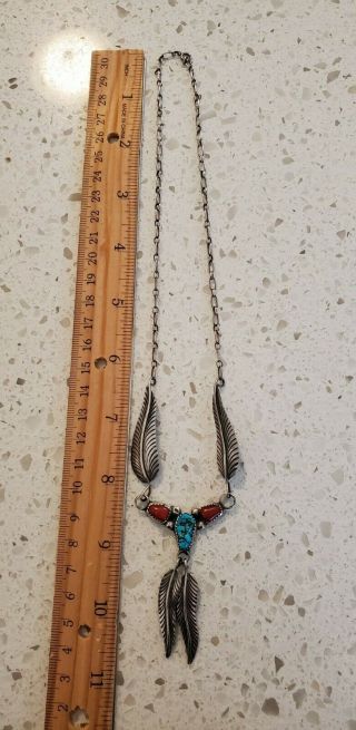 Vintage Navajo Sterling Silver Feather Coral And Turquoise Necklace 16 Inches