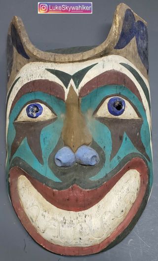Wow Authentic Vintage Northwest Native American Inuit Hand Painted Carved Mask