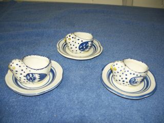Vintage Set Of 3 Tiffany Portugal Blue White & Yellow Bird Egg Cup Holder