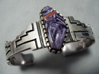 Thick And Detailed Vintage Navajo Charoite Coral Sterling Silver Bracelet