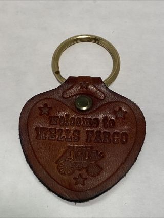 Vintage " Welcome To Wells Fargo " Bank Leather Key Chain Ring