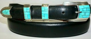 Artist Signed Rq Sterling Silver Turquoise Inlay Belt Buckle Set 36 Black