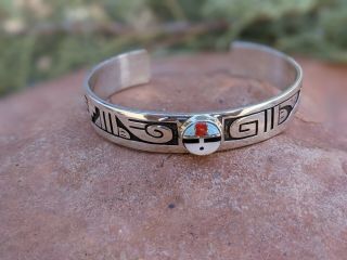 Hopi Bracelet Sunface Turquoise Cuff Overlay Silver Signed Native Jewelry 6.  75