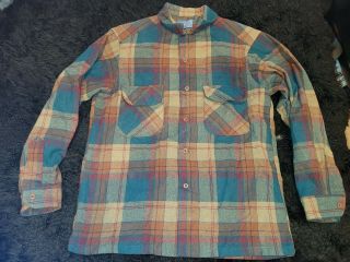 Vtg Pendleton Wool Green Brown Plaid Heavy Shirt Jacket Button Front Usa Made M