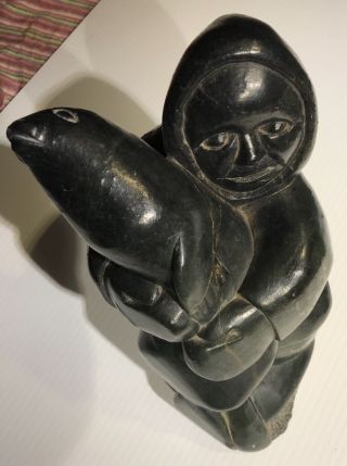 Large Canadian Inuit Soapstone Carving “hunter With Seal” Older 1978,  Signed