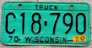 1970 Black On Turquoise Wisconsin Truck License Plate With A 1971 Sticker