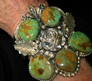 Native American Turquoise Bracelet Rose Cuff Sterling Silver 126grams Chavez